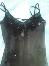Vintage Victoria Secret Lingerie Chemise mini Slip Lace Sheer Black M EUC cute