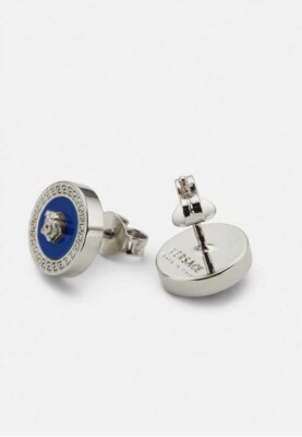 VERSACE Earrings Medusa Logo Greca Sculpture Round Stud Brass Silver x Blue NEW