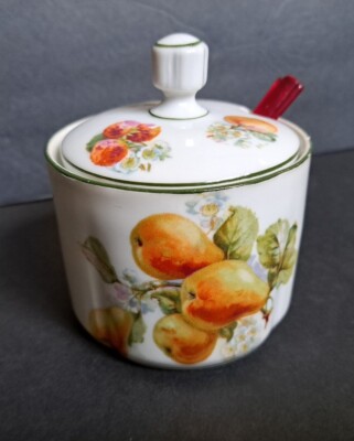 PK Silesia Königszelt Fine China Sugar Jam Bowl Canister peach pear plum Fruit