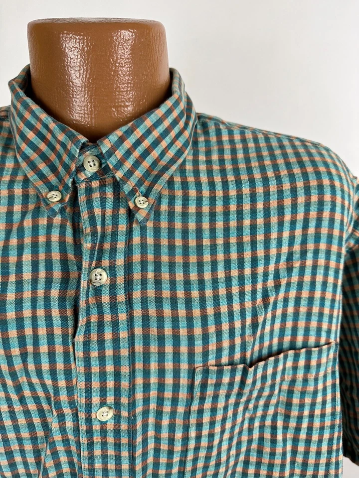 Vintage 90s Trader Bay Linen Blend Shirt XL Short Sleeve Button Down Teal Check - Image 4 of 4