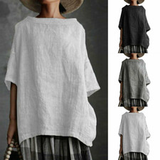 Camicetta donna manica corta caftano t-shirt lino tunica ampia maglietta taglie forti