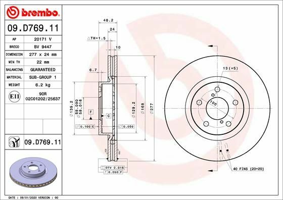 2X Bremsscheibe Vorne Brembo 09.D769.11 Passend FüR Subaru-image