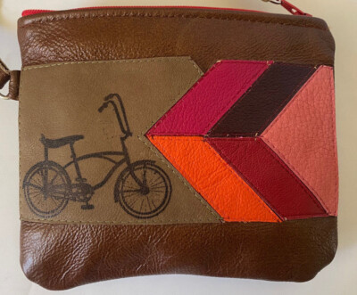 Leather Wallet Zip pouch Schwinn bicycle Lined Handmade pink red orange