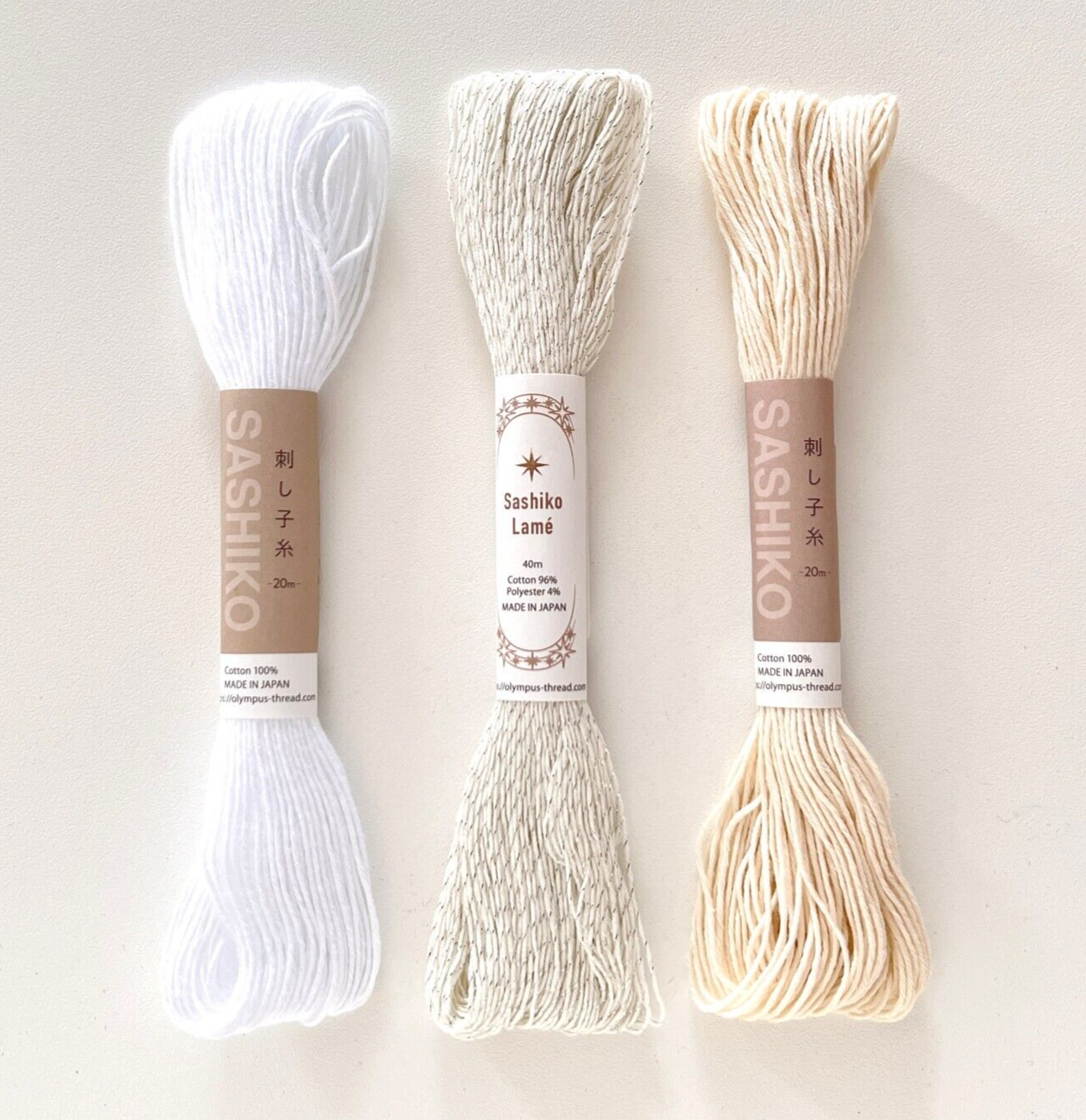 Olympus Sashiko Thread 20m 3 Color Skein Bundles 100% Cotton (1, 2, SL1) White