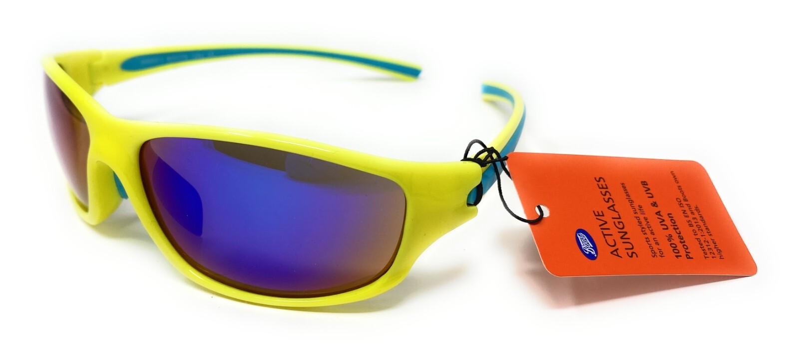 Boots Mens Active Sunglasses Yellow Sports Style Blue Trim 100% UVA UVB New 124J
