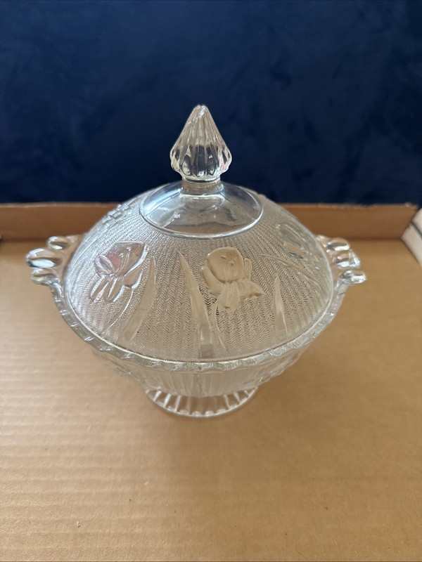 clear Jeanette, Iris And Herringbone Candy Dish With Lid perfect to use daily