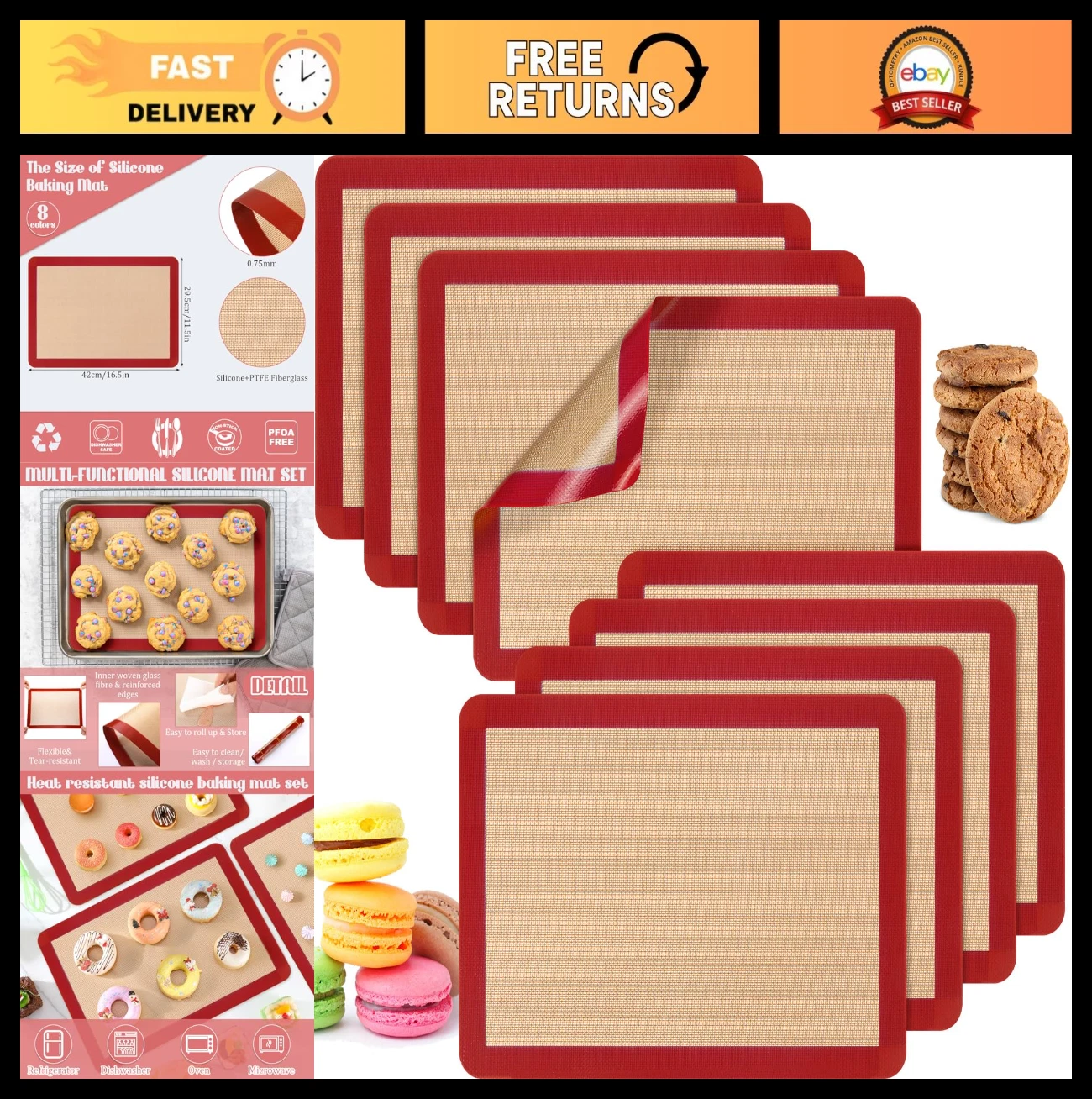 8 Silicone Baking Mats Non-Stick Cookie Sheet Oven Liner 16.5'' x 11.6'' Easy Cl
