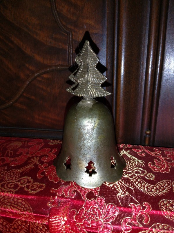 Sm Vtg Silver Plate Metal Bell with Christmas Tree Top & Christmas Tree Cutouts 