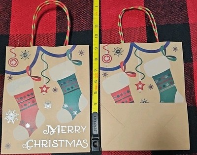 Two Count Kraft Gift Bags Stocking Snowflakes Merry Christmas Foil Embossed