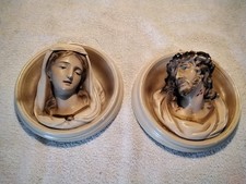 Chalkware Jesus & Mary Madonna Wall Plaque Hand Painted