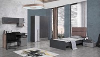 Einzelbett Jugendbett Grau Holz Polsterkopfteil Modern