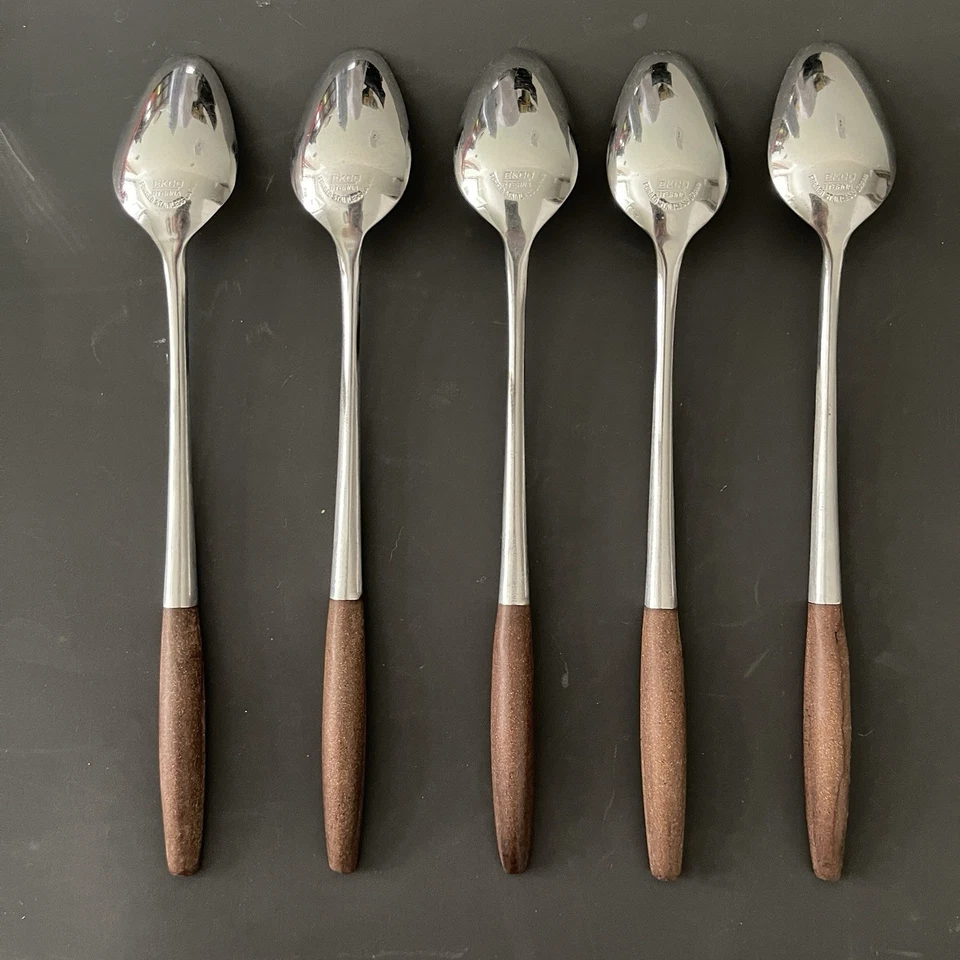 (5) Cucharas de té heladas de acero inoxidable EKCO Eterna EKS5 imitación madera MCM patrón entrecruzado Foto 2 de 3