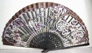 Antique Asian Hand Fan Painted Paper Floral Decoration on Black Silk Lace