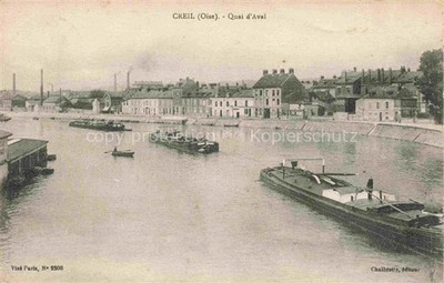 Creil SENLIS 60 Oise Quai-d Aval Oise Load Barges Vents Factory Houses Rowing Boat