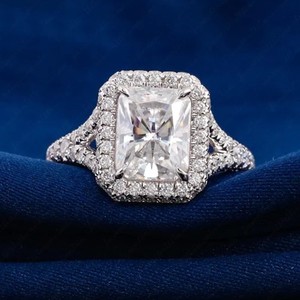 Authentic 2.6TCW Moissanite Thick 18k White Gold Plated Halo Split Shank Engagement Ring