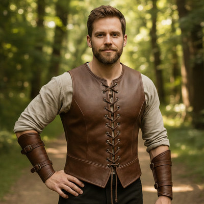 Handmade Men's Medieval Leather Vest - Vintage Brown Renaissance Jerkin