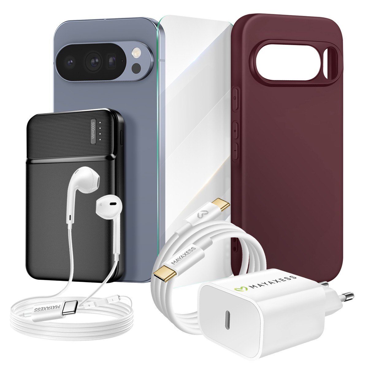 Pack Pixel 10 Pro avec coque silicone transparente verre trempé chargeur 30W et batterie