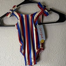 Cat  Jack Girls One Piece Swimsuit 3-6M Red Blue White Stripe UPF 50 Bow