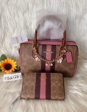 NWT Coach Rowan Signature Canvas Satchel Bag w/ Stripe Print & Med Wallet - PINK