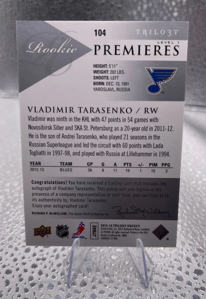 Vladimir Tarasenko Rookie Auto 2013-14 Upper Deck Trilogy Premieres /699 #104 RC - Image 2 of 2