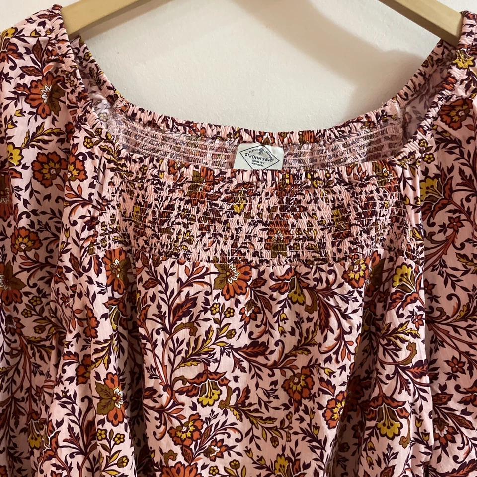 St John's Bay Smocked Peasant Blouse Women's Plus 0X Peach Floral Boho NWT - Image 2 of 4