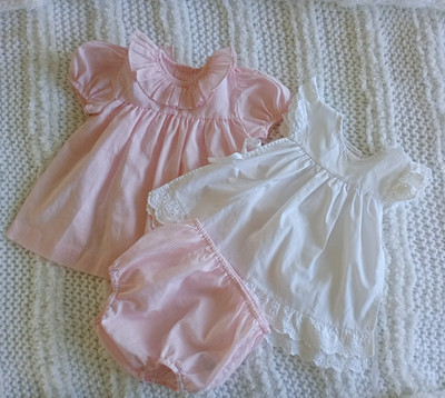Baby Mädchen Vintage Kleid, Hose, weiße Schürze rosa gestreift 60 cm Mothercare
