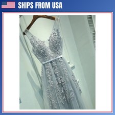 A Line V Neck Tulle Sleeveless Zipper Up Long Prom Applique V Neck Evening