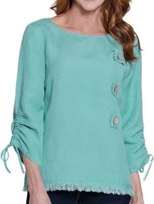 Ali Miles Seafoal Linen Blend Tunic Raw Edges Button Detail 3/4 Ruch Slv 0X NWT 