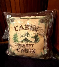 NEW THROW PILLOW RUSTIC EARTH TONES "CABIN SWEET CABIN" 18 X 18" PADDLES PINES