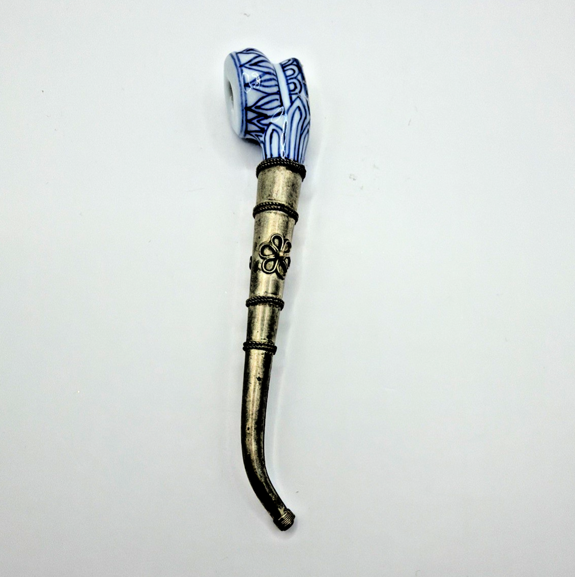 Antique Japanese Porcelain & Brass Kiseru Smoking Pipe Blue