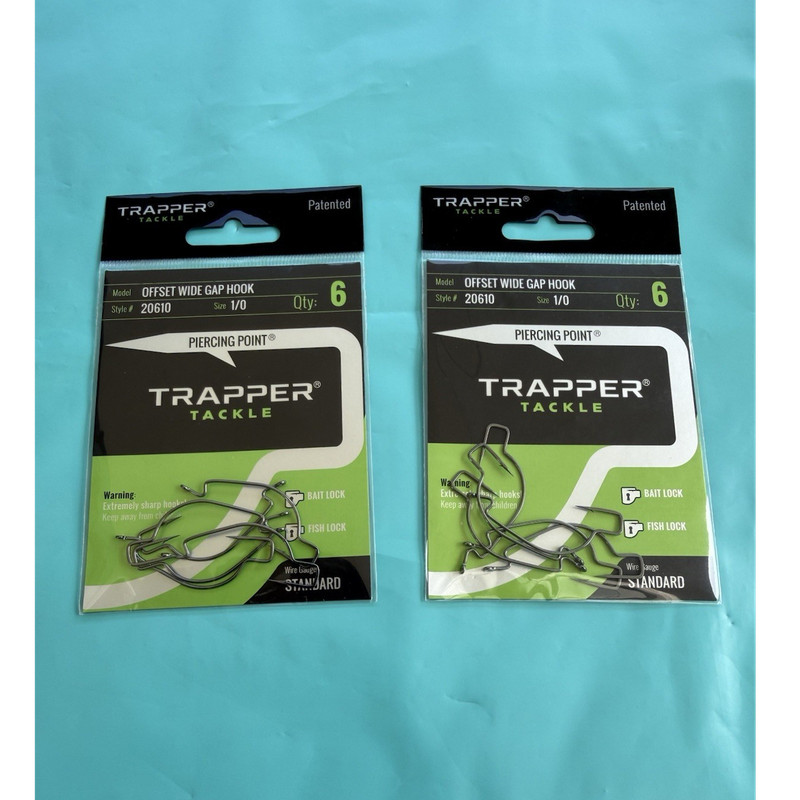 Trapper Tackle Offset Wide Gap Hook 1/0 6-Pack Black Bait/Fish Lock 