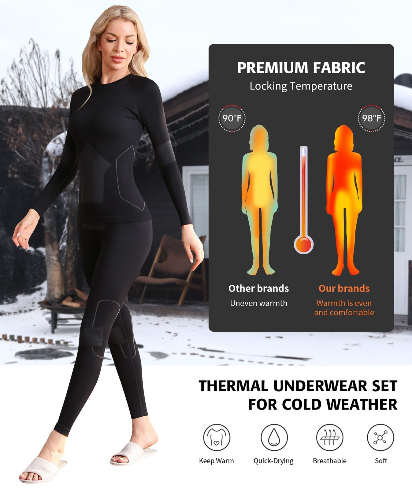 Thermal Underwear Set for Women - Long Johns Base Layer, Black, Medium