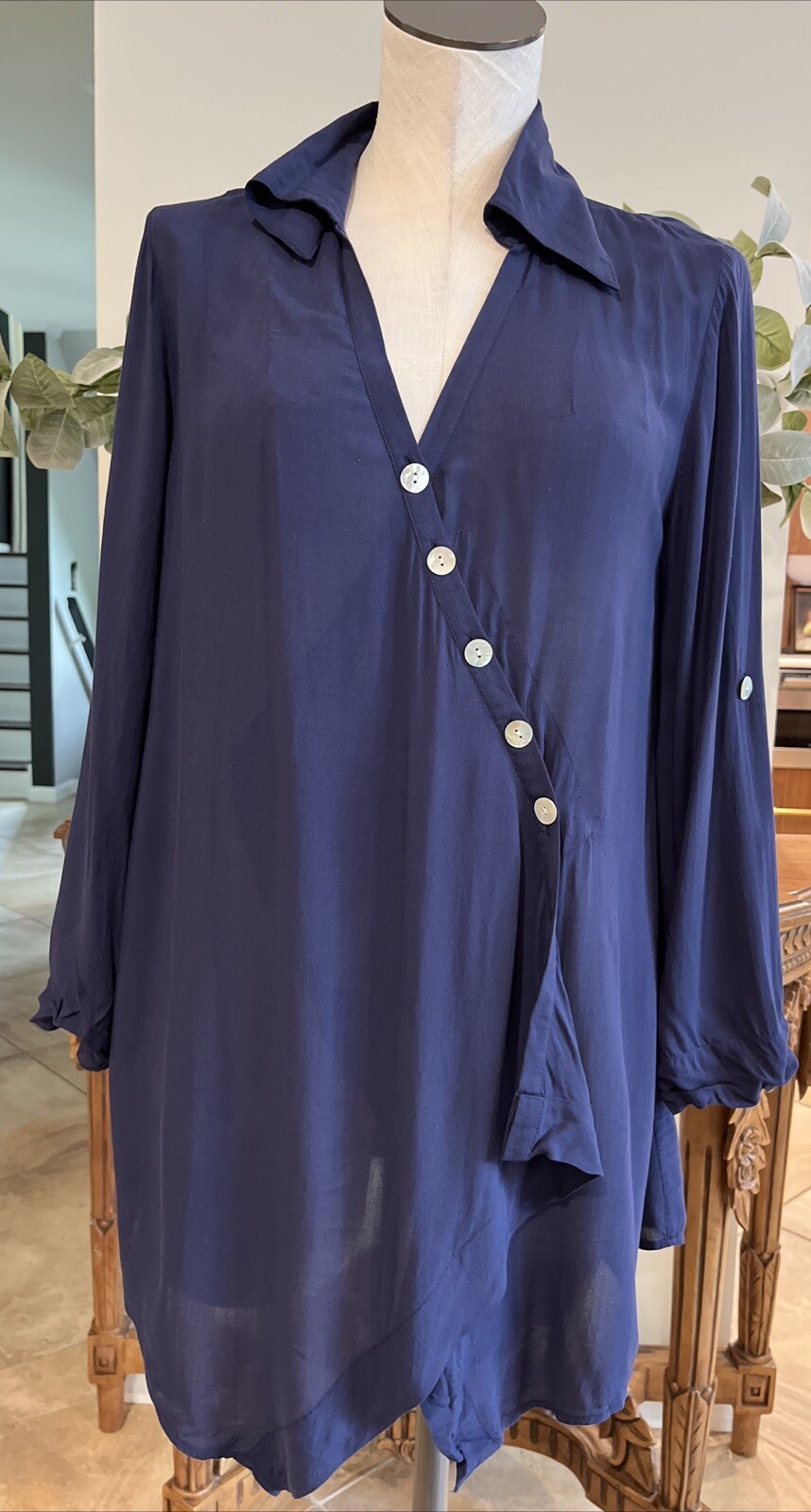 soft surroundings Womens XS Navy Button Front Wrap Tunic Top Blouse  DD