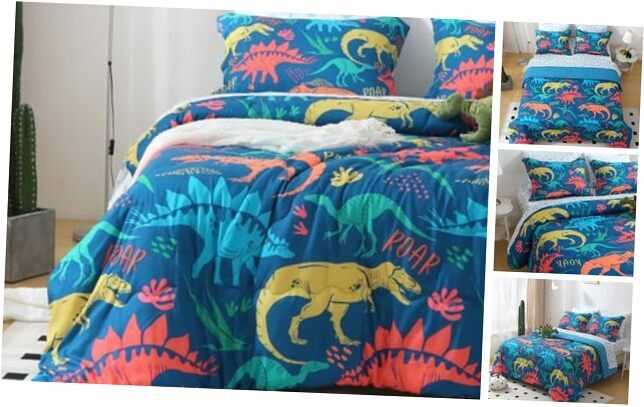 Boys Comforter Set Bed in A Bag Size 7 Piece 3D Blue Print Queen Dinosaur