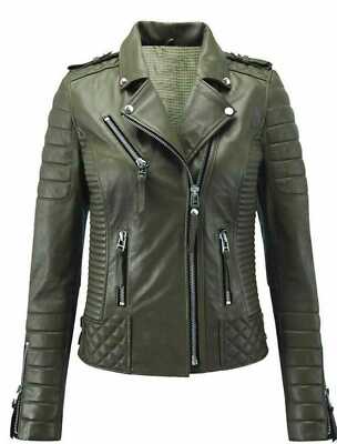 Women's 100% Real Lambskin Leather Green Biker Jacket Motorcycle