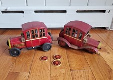 LOT OF 2 - VINTAGE 1950s ROSKO GRAND-PA JAPAN TIN TOY CARS BATTERY OPERATED