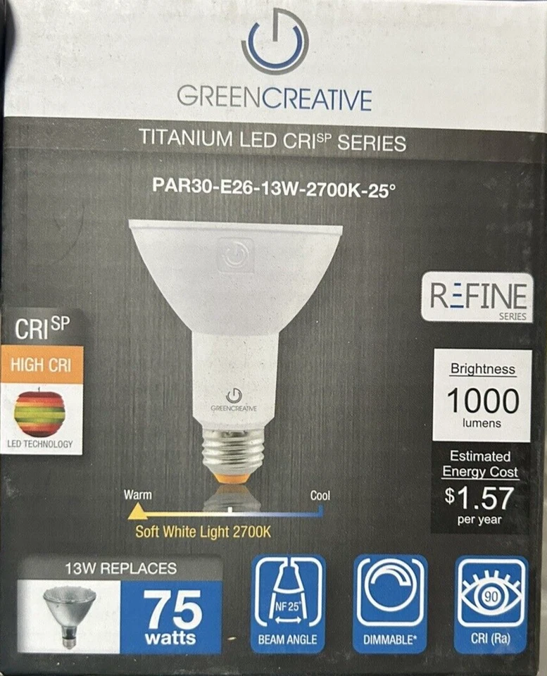 ⚡️Green Creative PAR30-E26-13W-2700K-25 Dimmable 13 Watt Bulb New in Box - Image 4 of 4