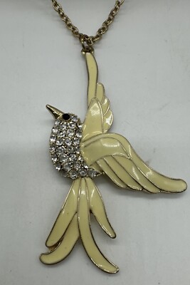 BEAUTIFUL LARGE Off White and Gold BIRD IN FLIGHT PENDANT NECKLACE 30 Inch