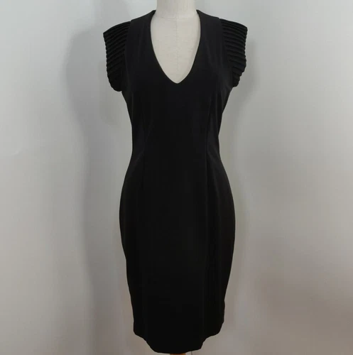 Alexis Little Black Dress Size Large Black Sheath Pleated Cap Sleeves V-Neck LBD