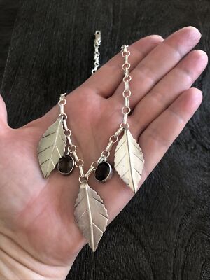 Old Southwest Sterling Silver Leaf Pendants, Smoky Quartz, 18” Bar