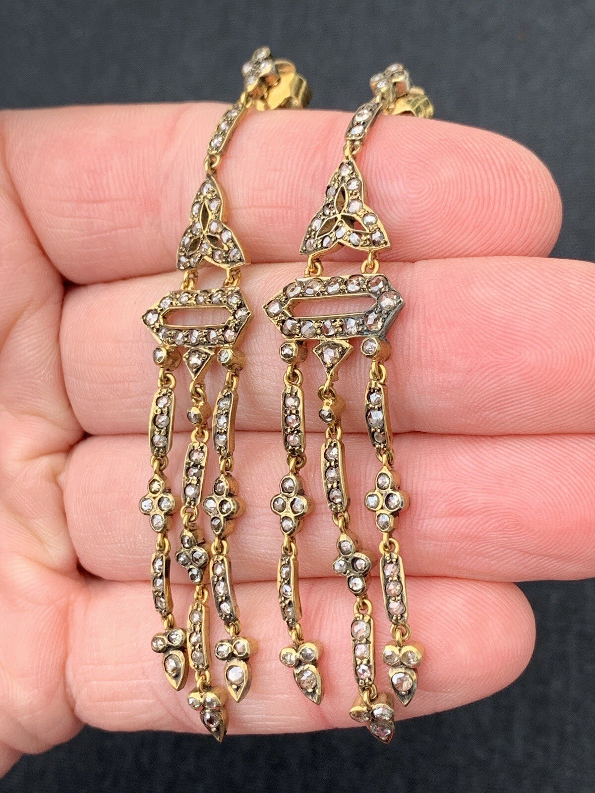 Silver Gilt Rose Cut Diamond Exceptional Chandelier Drop Earrings, 925
