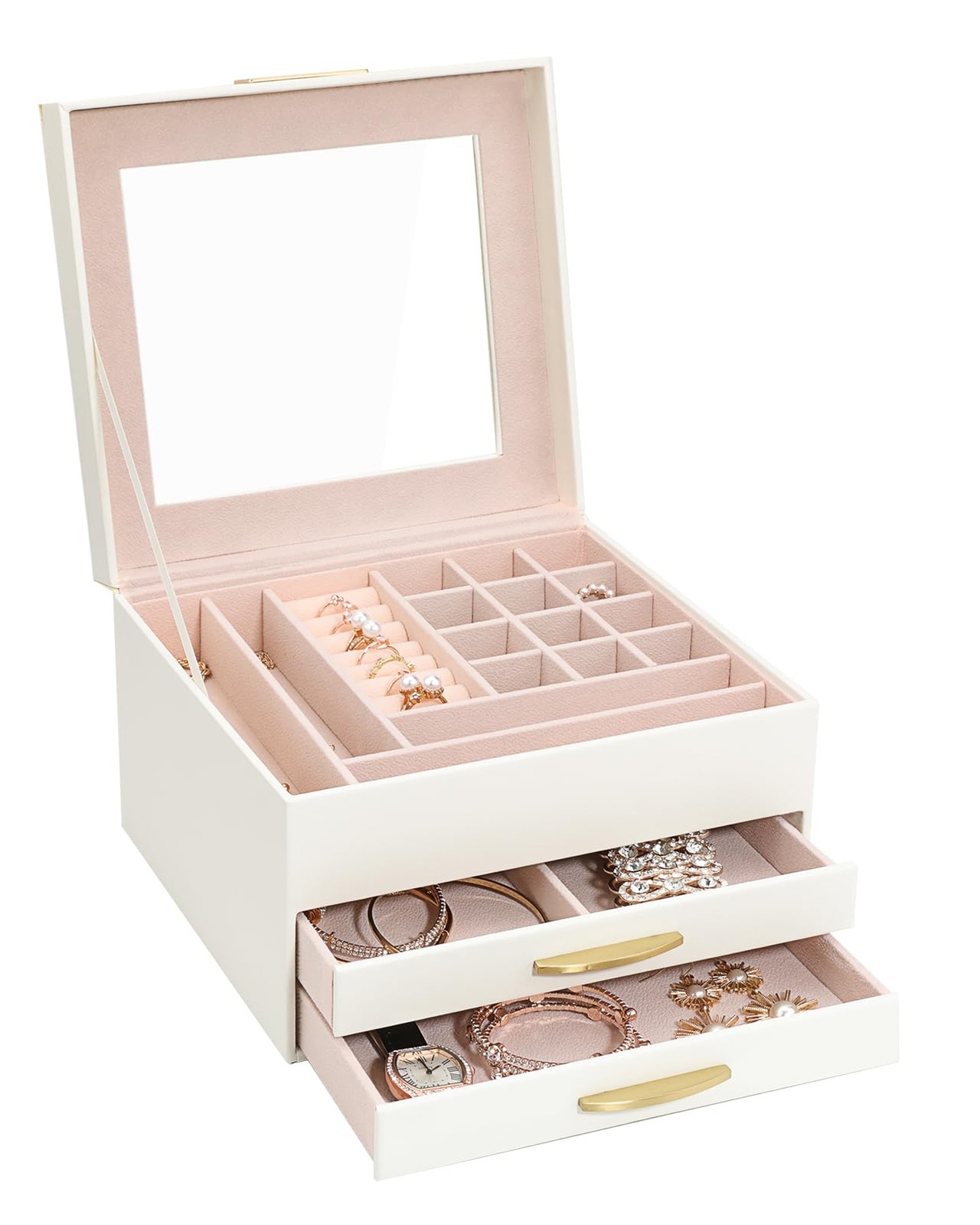 White Jewelry Organizer Box with Glass Lid - Stylish Women's Jewelry Case 3-Tier Design-image