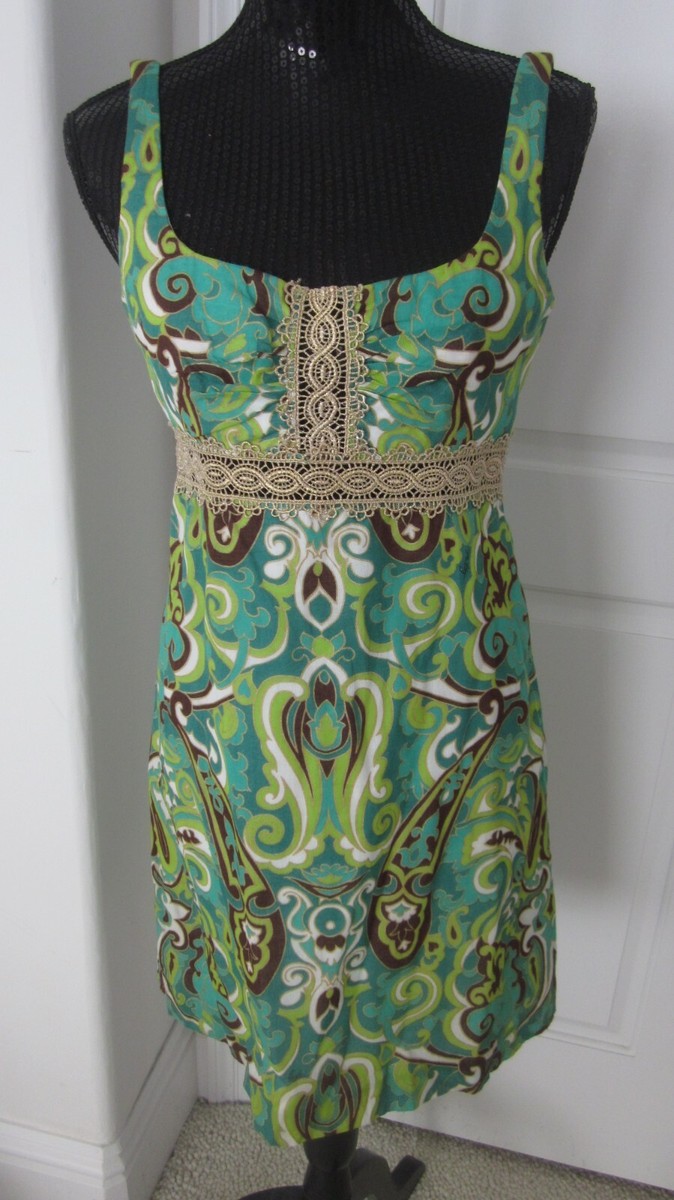 Milly Paisley Green Brown Gold Metallic Lace Trim See Thur Sz 6 Lined Dress  | eBay