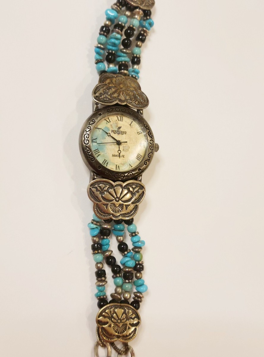 VINTAGE PEYOTE BIRD SANTA FE STERLING SILVER TURQUOISE BEAD  display picture 3