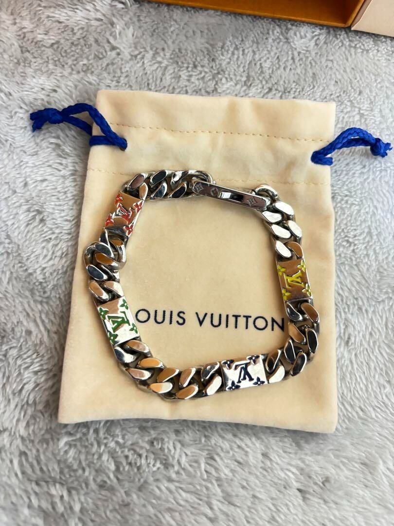 Louis Vuitton M1409L Silver Multicolor LV Chain Bracelet 22cm Mens