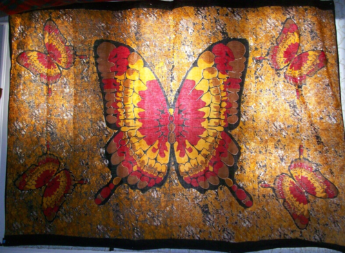 Vintage 1960s GYPSY ROSE Cotton Hand Batik Tapestry Hippie Coverlet Butterfly - Afbeelding 1 van 8