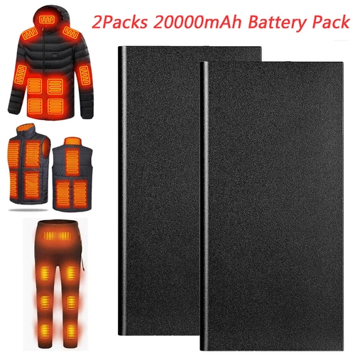 2Pcs 20000mAh Battery Pack for Heated Vest Jacket Pants Warmer USB Power 5V/2.1A - product listing photo