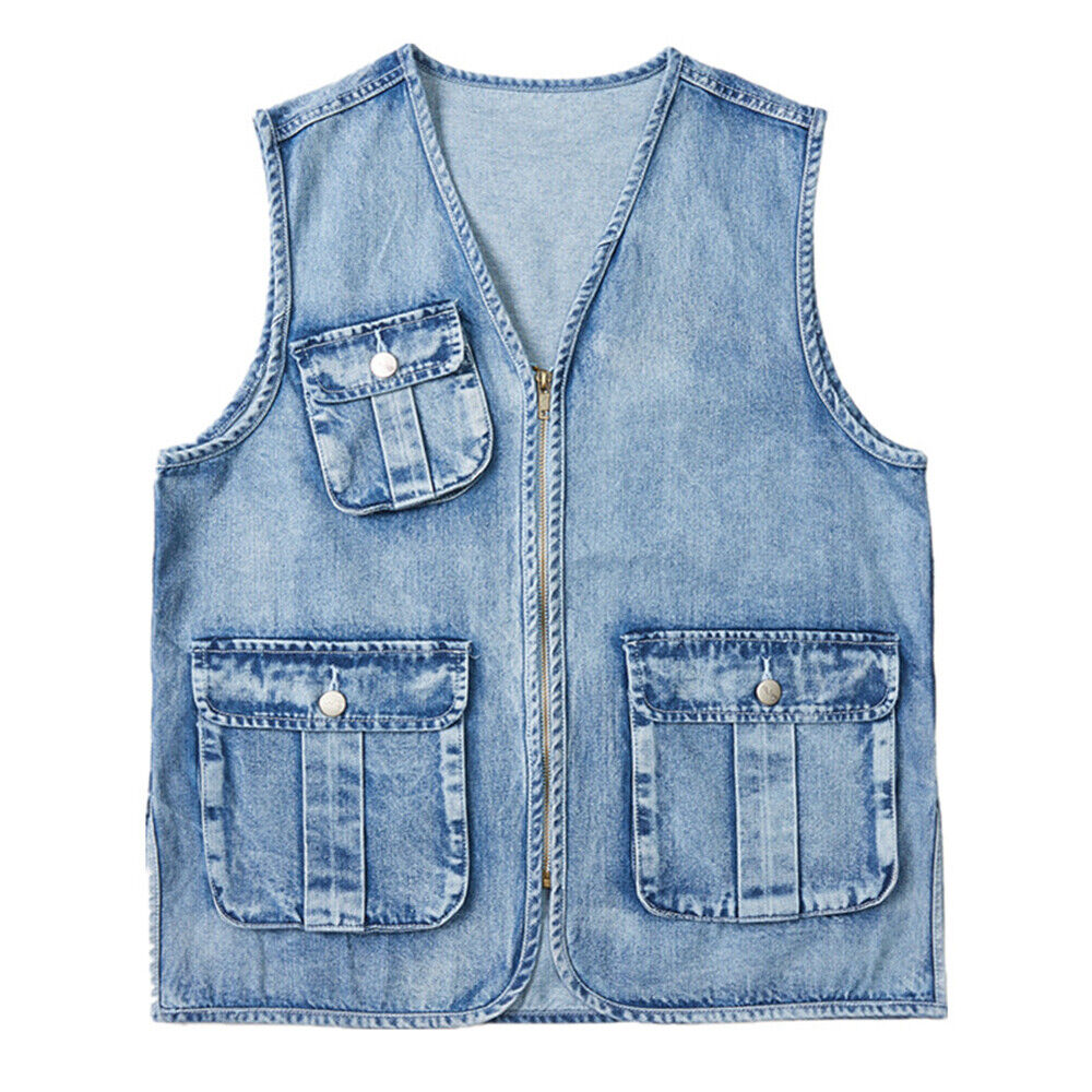 Men Denim Vest Jeans Multi Pocket Utility Waistcoat Sleeveless Zip Up ...