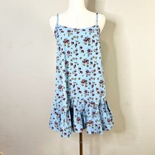 URBAN OUTFITTERS Mini Dress Light Blue Floral Ruffle Shift Drop Hem Size XS