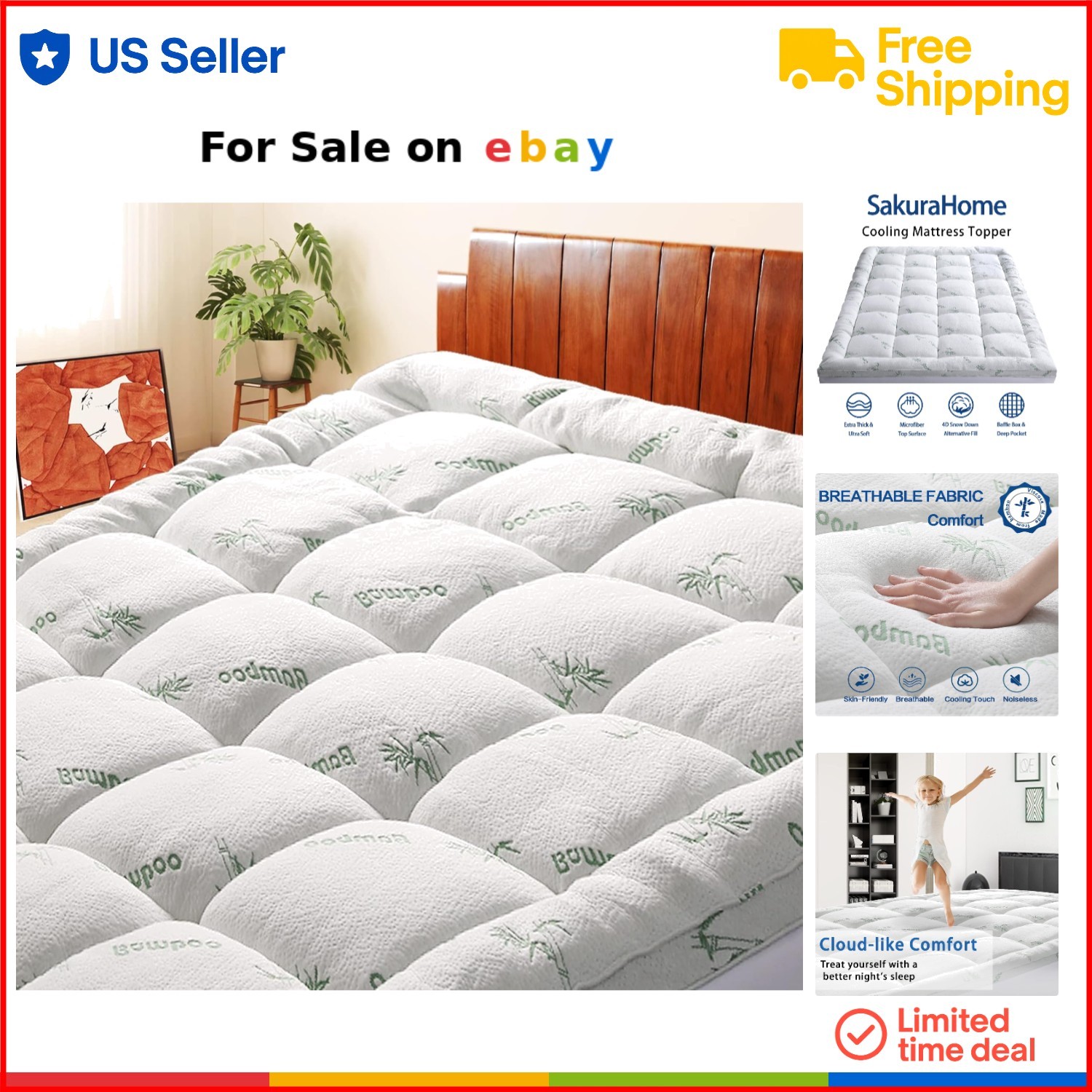 Cooling Bamboo Full Size Mattress Topper with Quilted Support